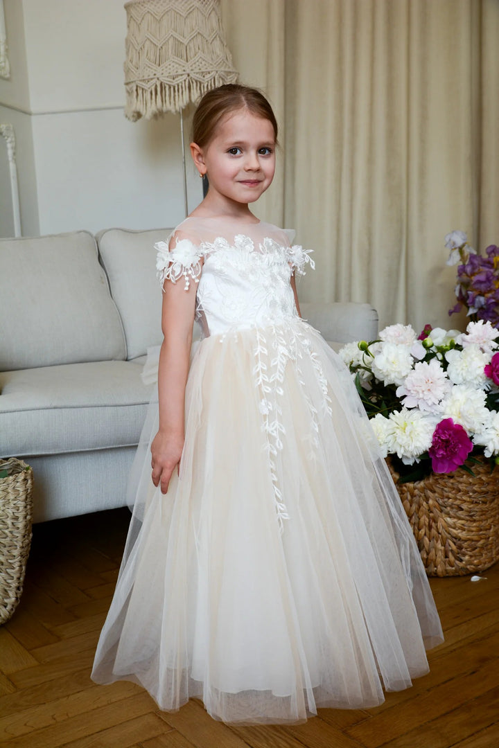 TinyTulle Champagne Off-Shoulder Flower Girl Dress with Floral Appliqué and Bow