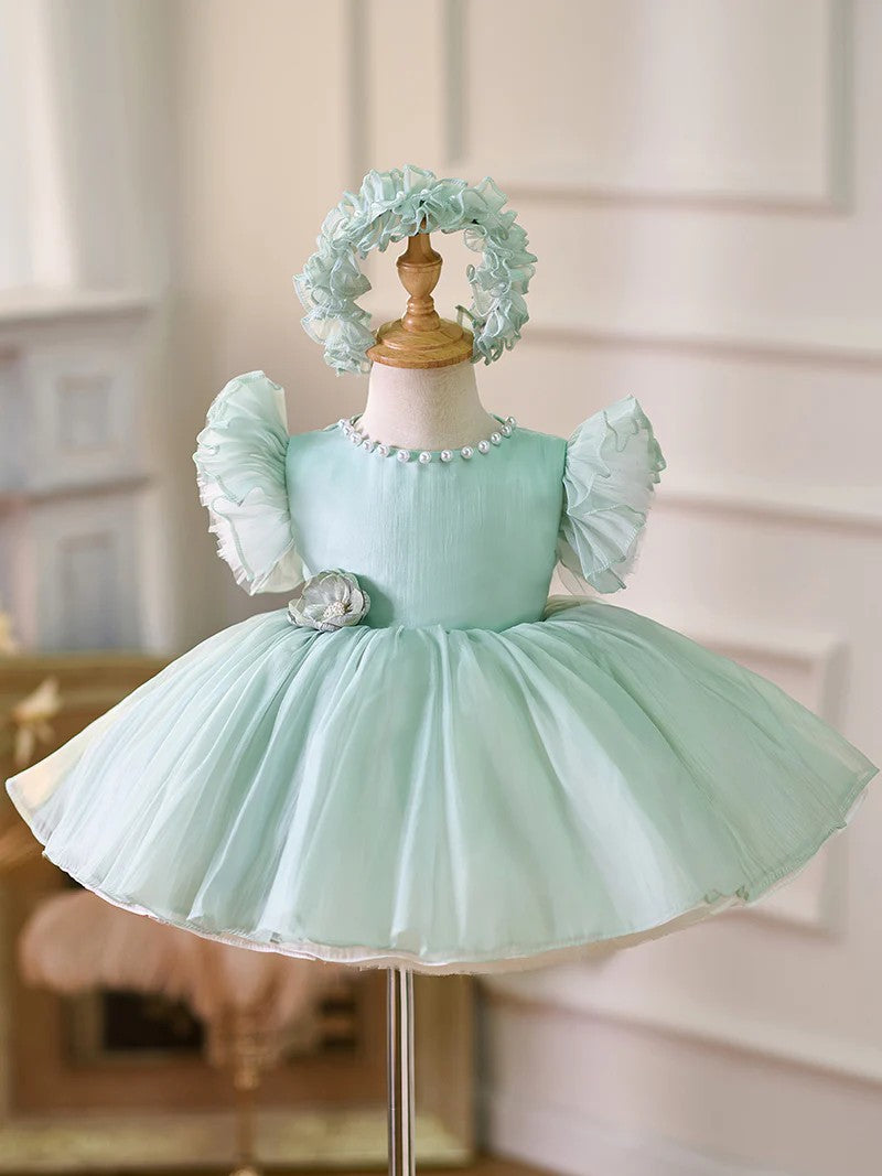 TinyTulle Sky Blue Princess Tulle Flower Girl Dress with Pearl Details