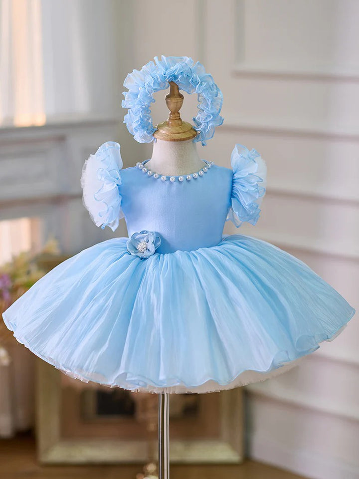 TinyTulle Sky Blue Princess Tulle Flower Girl Dress with Pearl Details
