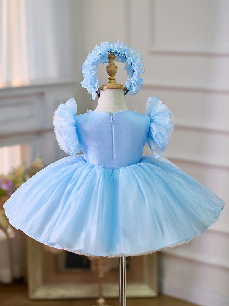TinyTulle Sky Blue Princess Tulle Flower Girl Dress with Pearl Details