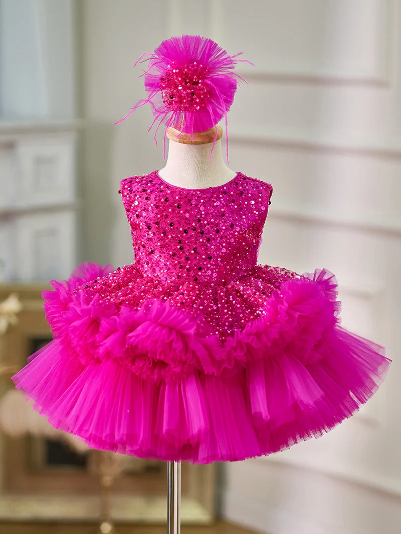 TinyTulle Fuchsia Sleeveless Sequin Tulle Flower Girl Dress for Birthday Party