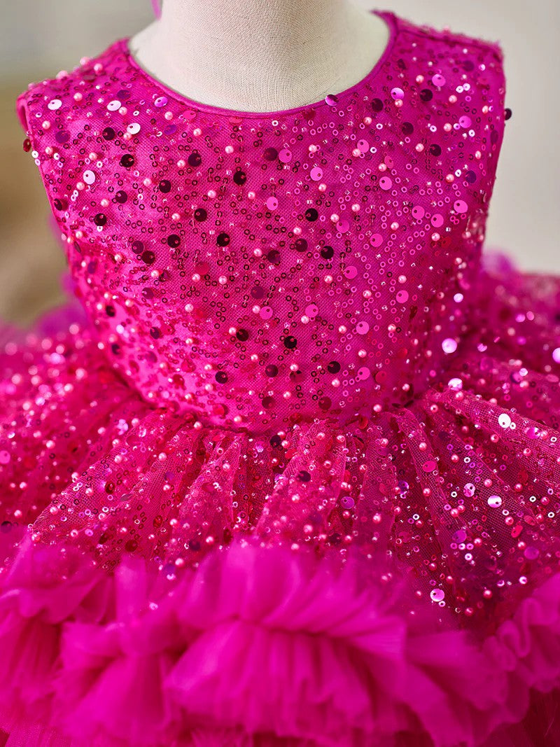 TinyTulle Fuchsia Sleeveless Sequin Tulle Flower Girl Dress for Birthday Party
