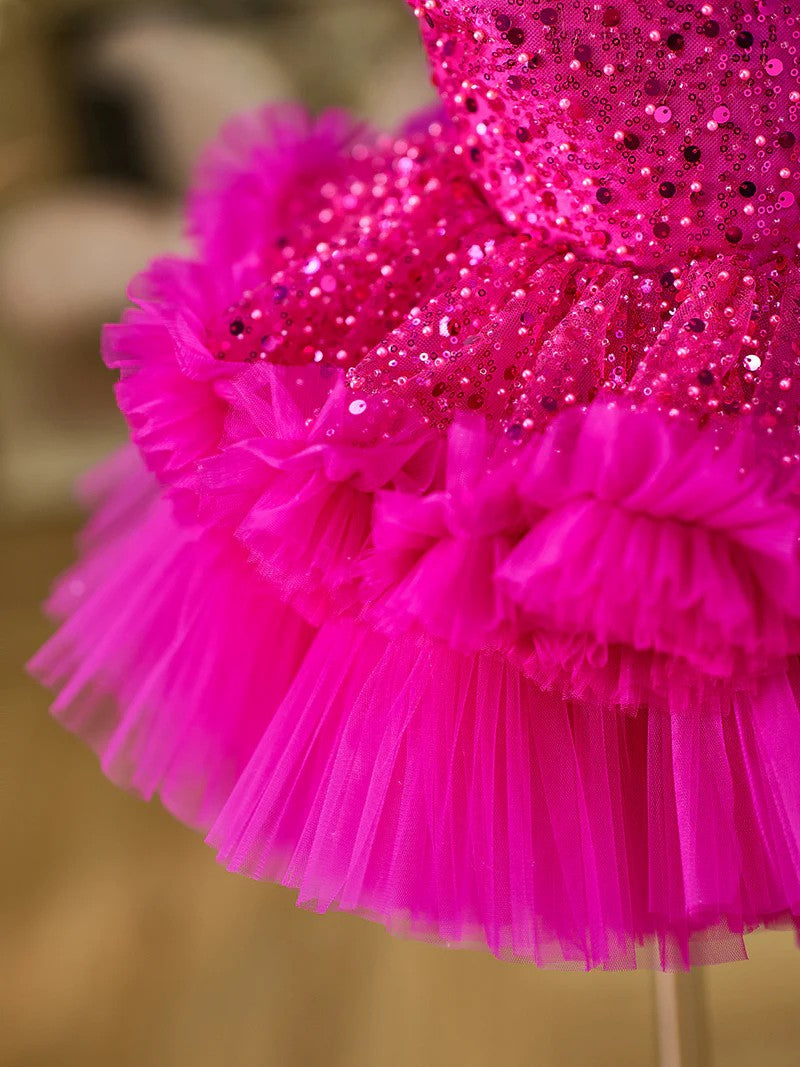 TinyTulle Fuchsia Sleeveless Sequin Tulle Flower Girl Dress for Birthday Party