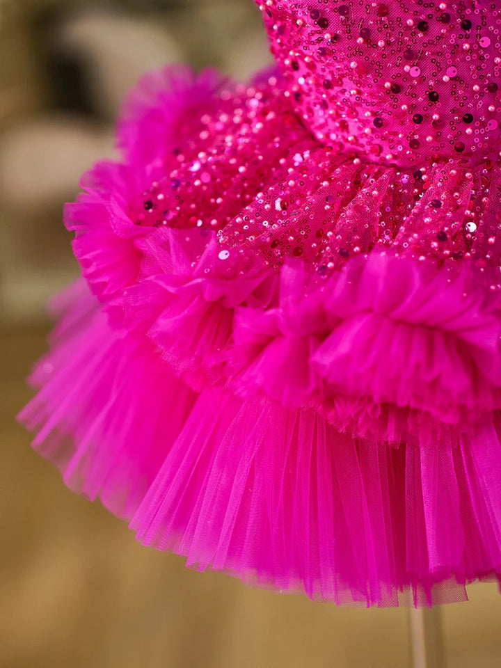 TinyTulle Fuchsia Sleeveless Sequin Tulle Flower Girl Dress for Birthday Party