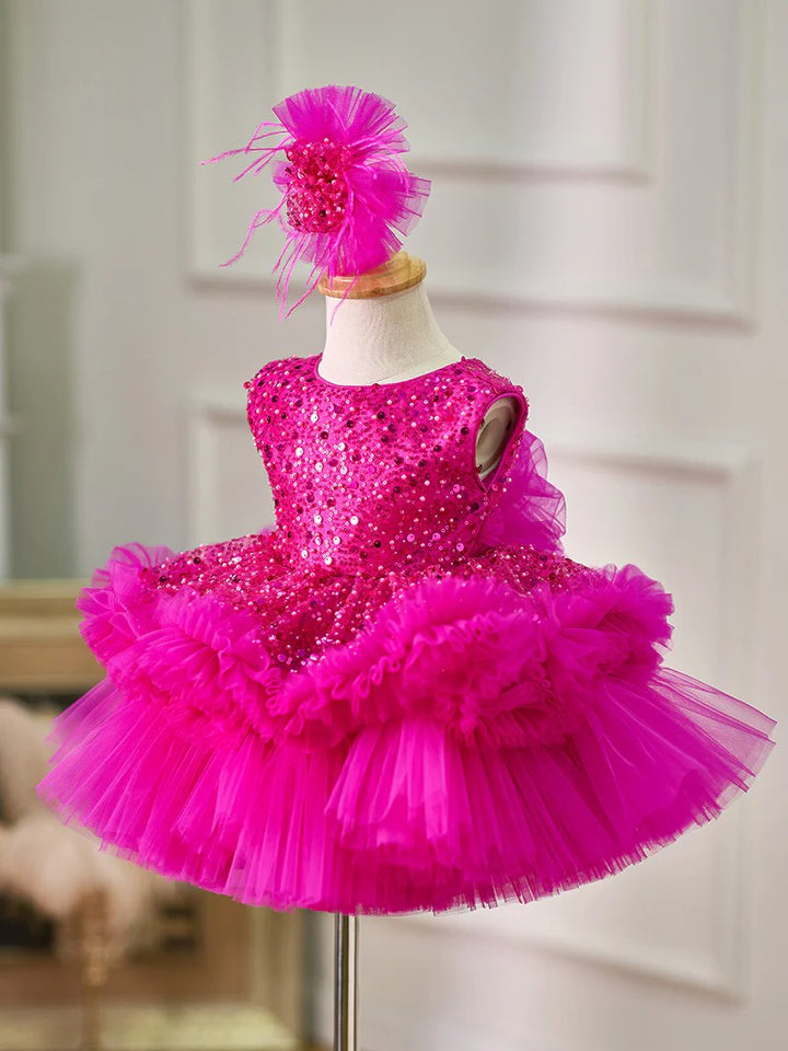 TinyTulle Fuchsia Sleeveless Sequin Tulle Flower Girl Dress for Birthday Party