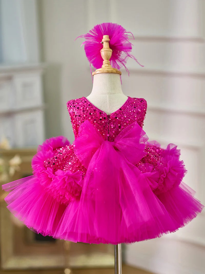TinyTulle Fuchsia Sleeveless Sequin Tulle Flower Girl Dress for Birthday Party