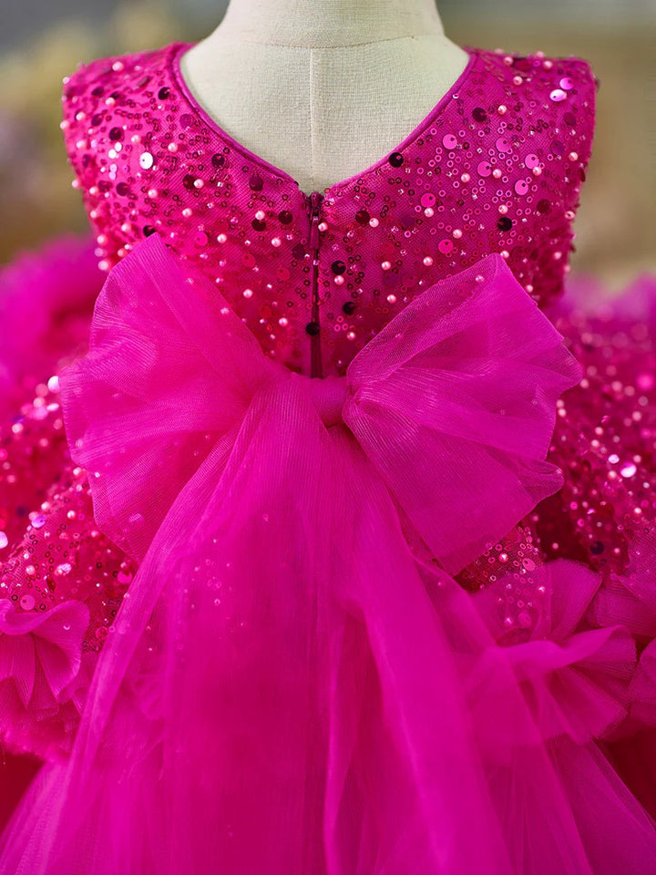 TinyTulle Fuchsia Sleeveless Sequin Tulle Flower Girl Dress for Birthday Party