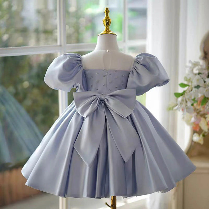 TinyTulle Baby Blue Puff Sleeve Satin Flower Girl Dress with Bow