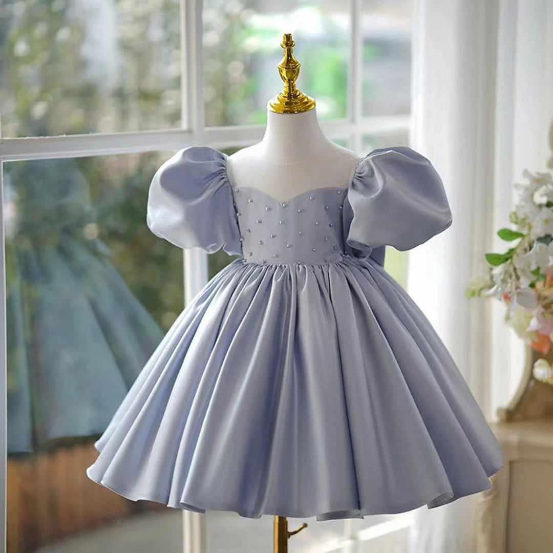 TinyTulle Baby Blue Puff Sleeve Satin Flower Girl Dress with Bow