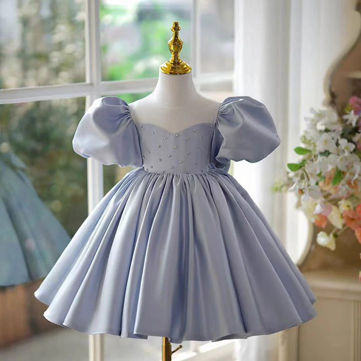 TinyTulle Baby Blue Puff Sleeve Satin Flower Girl Dress with Bow