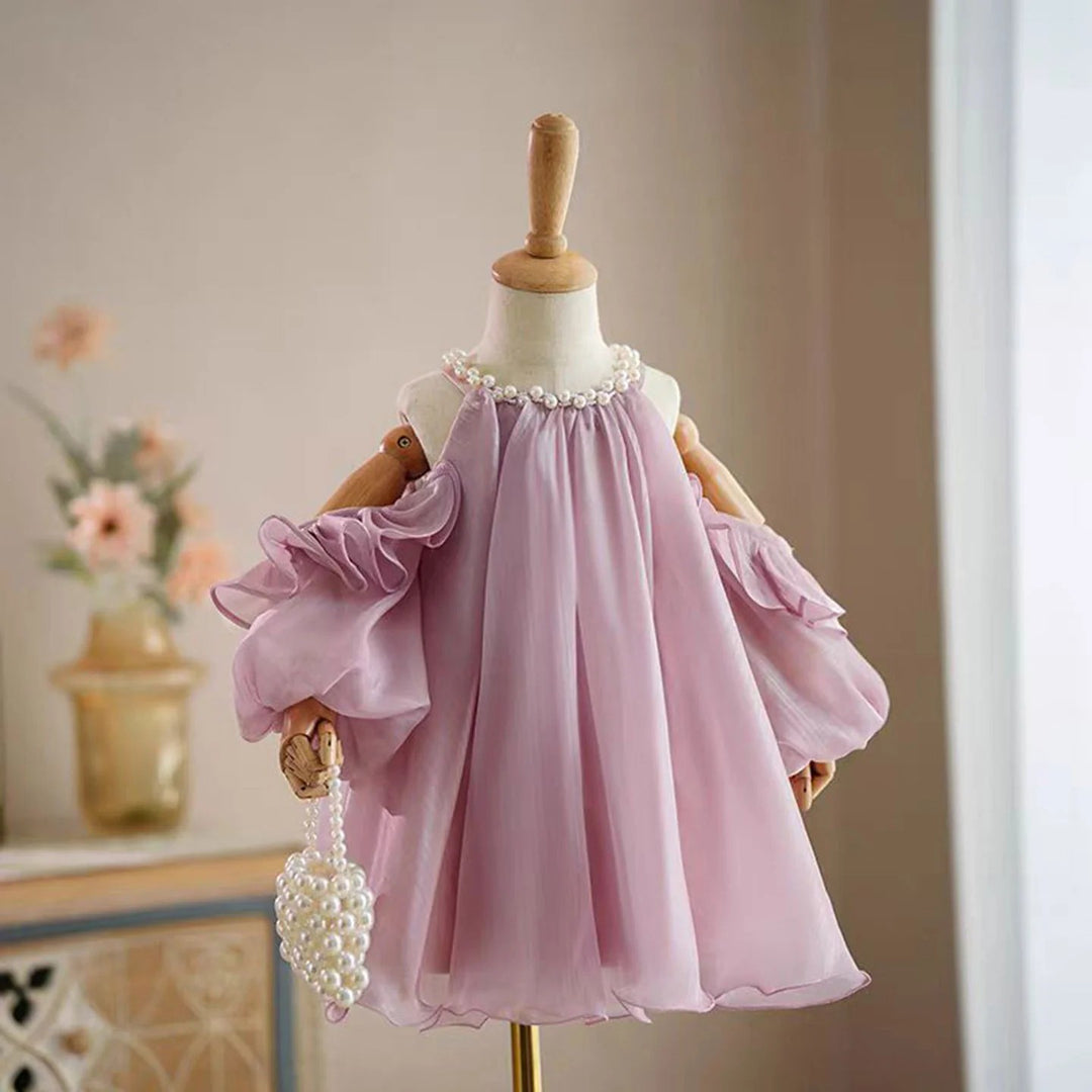 TinyTulle Elegant Pink Ruffled Puff Sleeves Princess Baby Girl Dress with Pearls