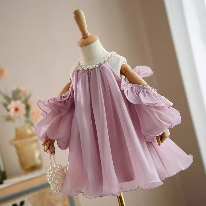 TinyTulle Elegant Pink Ruffled Puff Sleeves Princess Baby Girl Dress with Pearls