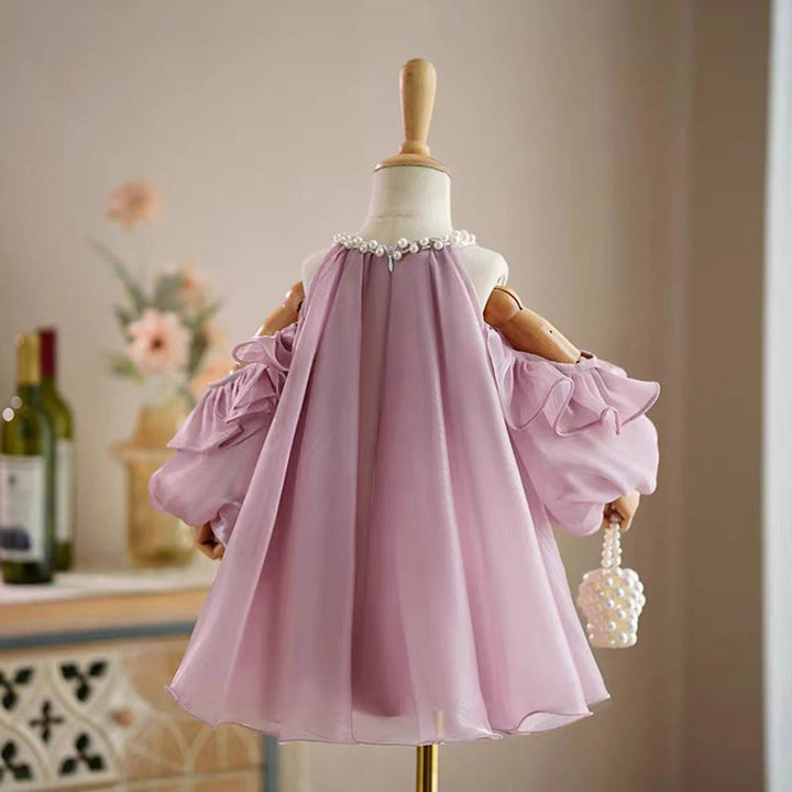 TinyTulle Elegant Pink Ruffled Puff Sleeves Princess Baby Girl Dress with Pearls