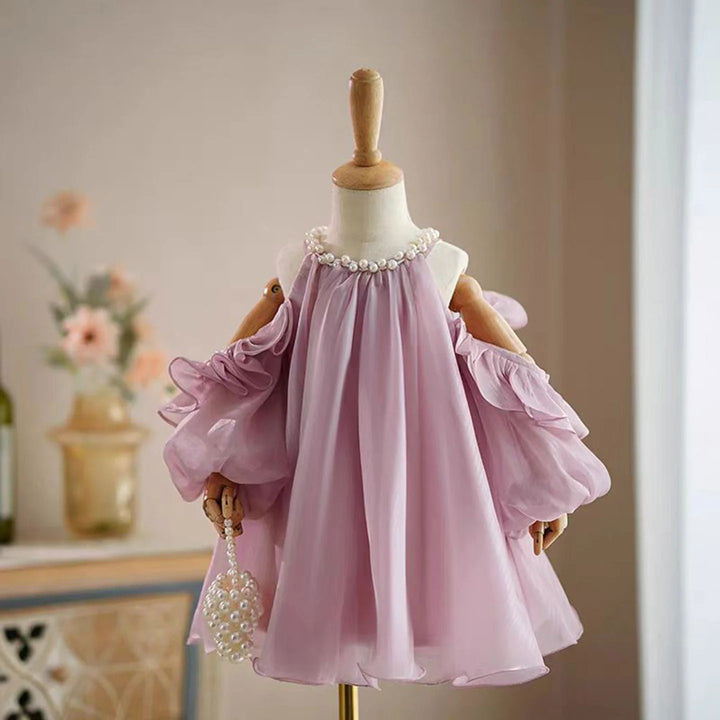 TinyTulle Elegant Pink Ruffled Puff Sleeves Princess Baby Girl Dress with Pearls