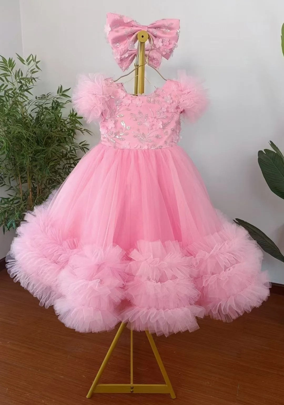 TinyTulle Puffy Tulle Ball Gown Flower Girl Dress with Floral Embroidery