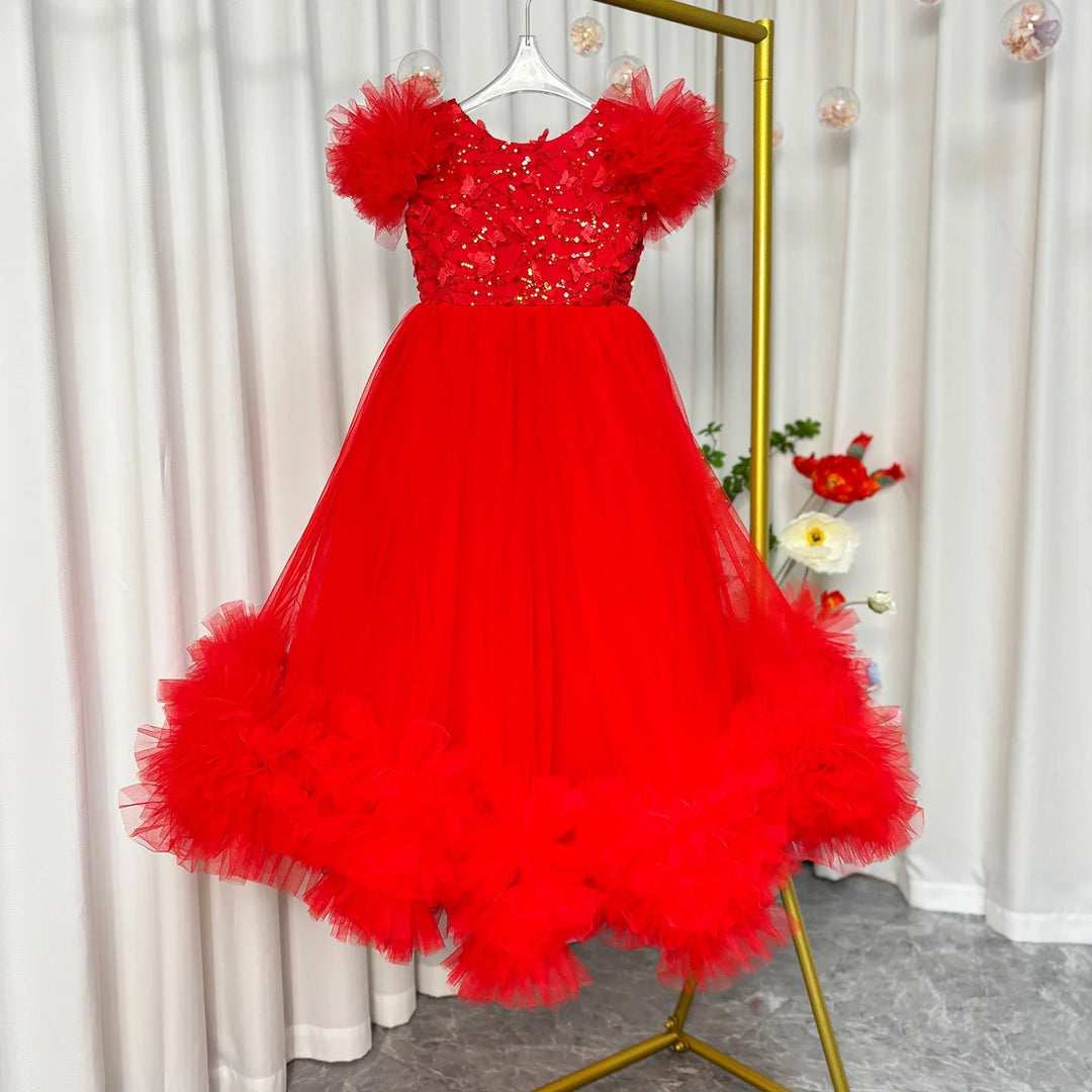 TinyTulle Puffy Tulle Ball Gown Flower Girl Dress with Floral Embroidery