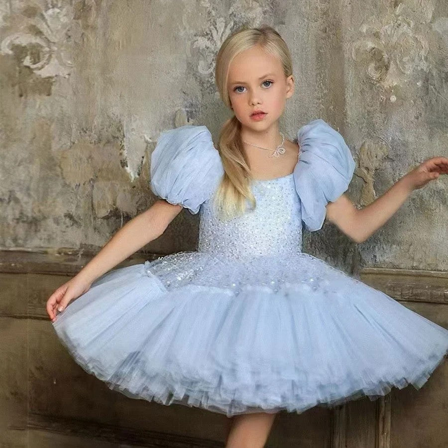 TinyTulle Elegant Pink Puff Sleeve Sequin Tulle Princess Flower Girl Dress with Bow