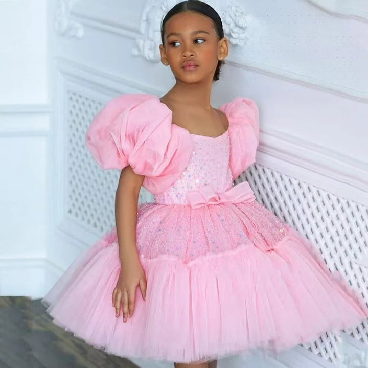 TinyTulle Elegant Pink Puff Sleeve Sequin Tulle Princess Flower Girl Dress with Bow