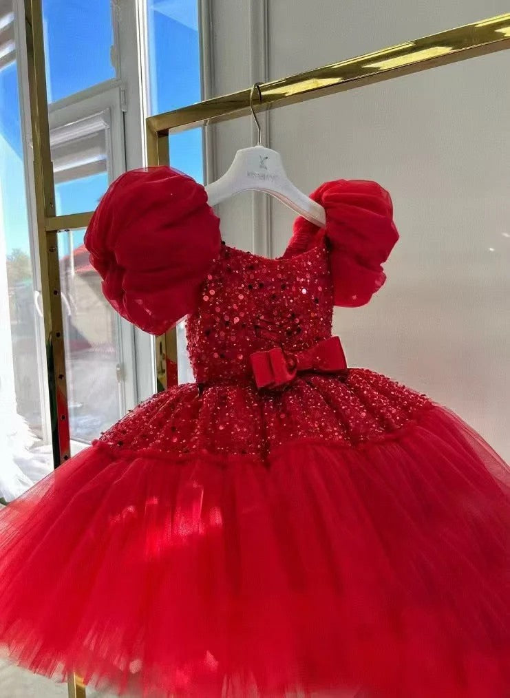 TinyTulle Elegant Pink Puff Sleeve Sequin Tulle Princess Flower Girl Dress with Bow