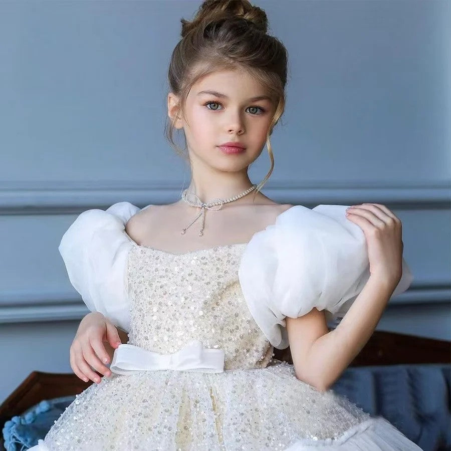 TinyTulle Elegant Pink Puff Sleeve Sequin Tulle Princess Flower Girl Dress with Bow