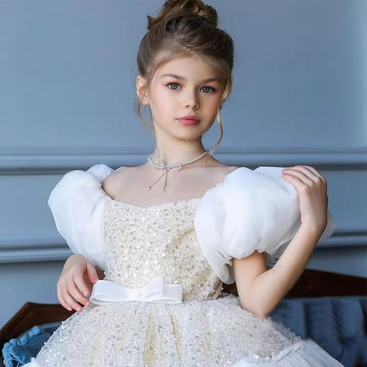 TinyTulle Elegant Pink Puff Sleeve Sequin Tulle Princess Flower Girl Dress with Bow