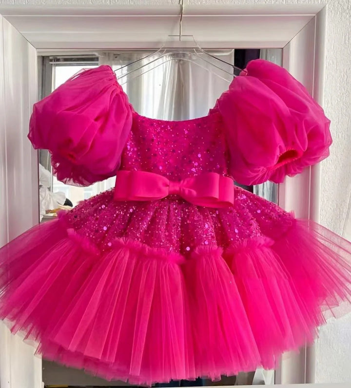TinyTulle Elegant Pink Puff Sleeve Sequin Tulle Princess Flower Girl Dress with Bow