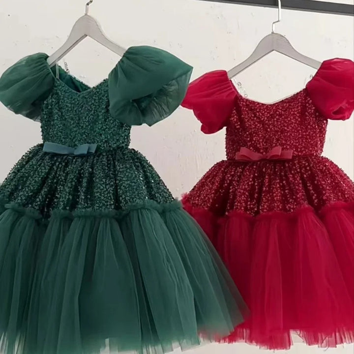 TinyTulle Elegant Pink Puff Sleeve Sequin Tulle Princess Flower Girl Dress with Bow