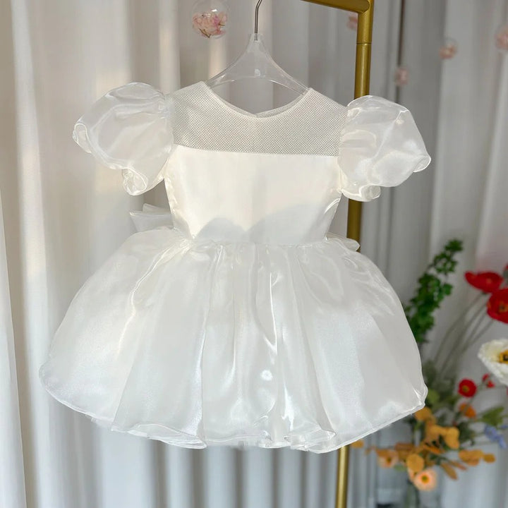 TinyTulle Luxurious Satin Puffy Sleeve Flower Girl Dresses for Birthday Wedding