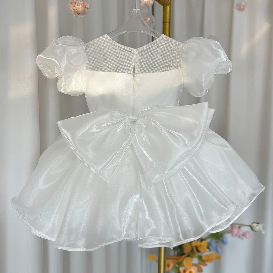 TinyTulle Luxurious Satin Puffy Sleeve Flower Girl Dresses for Birthday Wedding