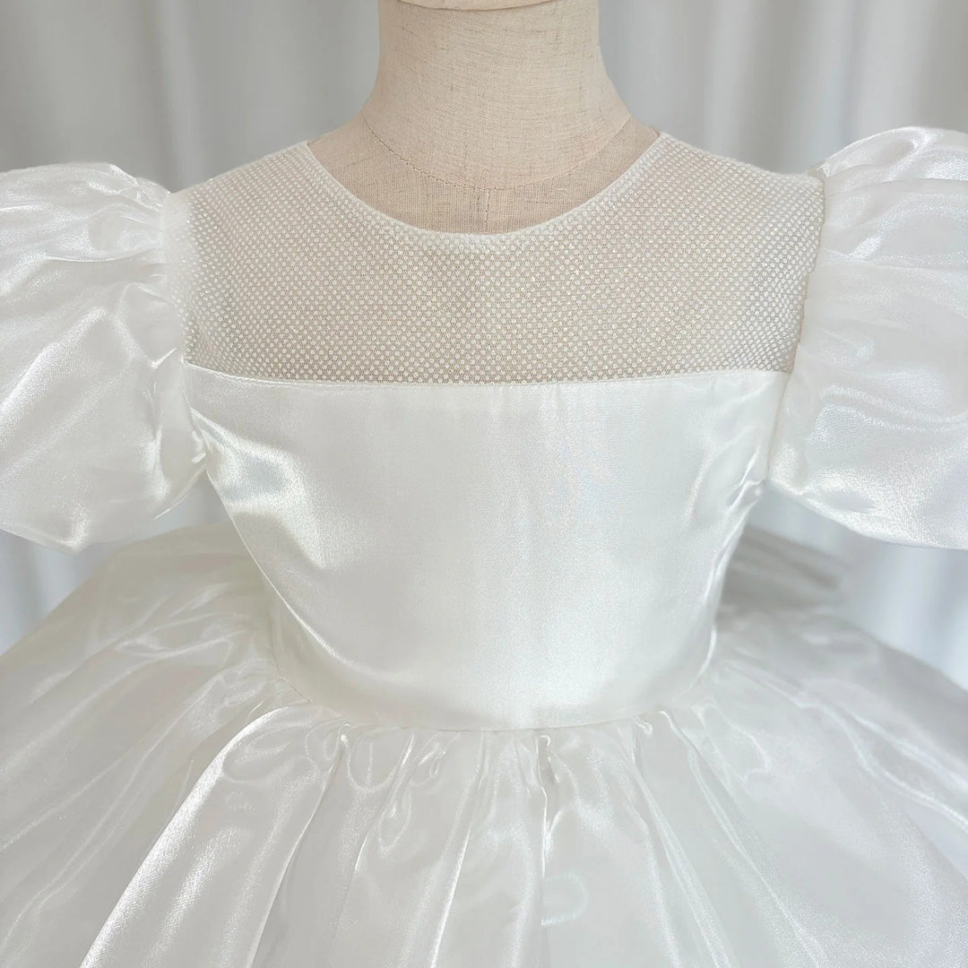TinyTulle Luxurious Satin Puffy Sleeve Flower Girl Dresses for Birthday Wedding