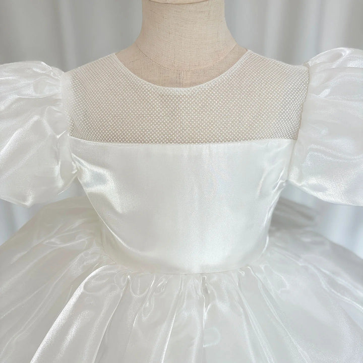 TinyTulle Luxurious Satin Puffy Sleeve Flower Girl Dresses for Birthday Wedding