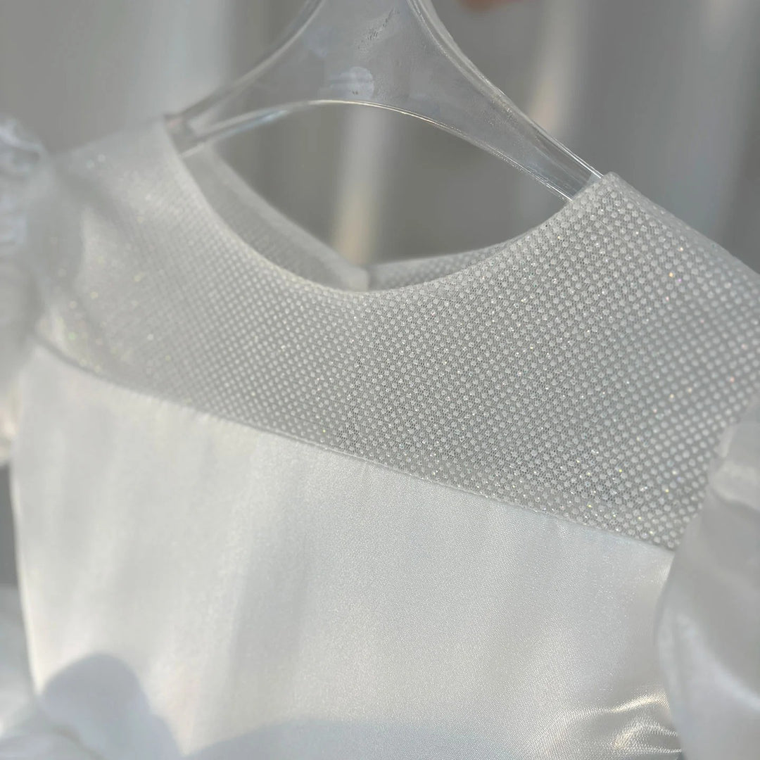 TinyTulle Luxurious Satin Puffy Sleeve Flower Girl Dresses for Birthday Wedding