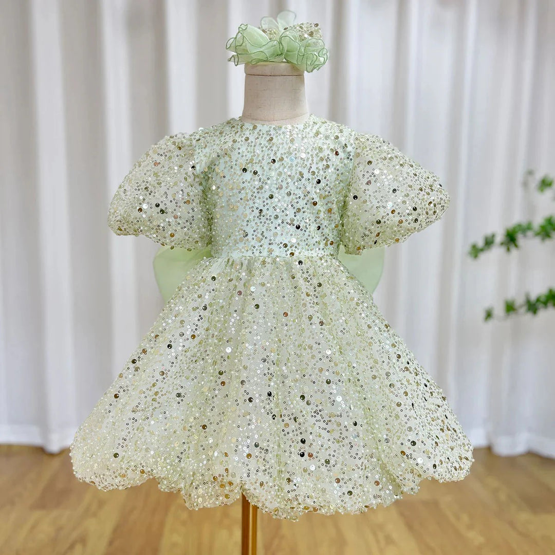 TinyTulle Dreamy Mint Green Sequin Puff Sleeve Flower Girl Dress with Oversized Bow