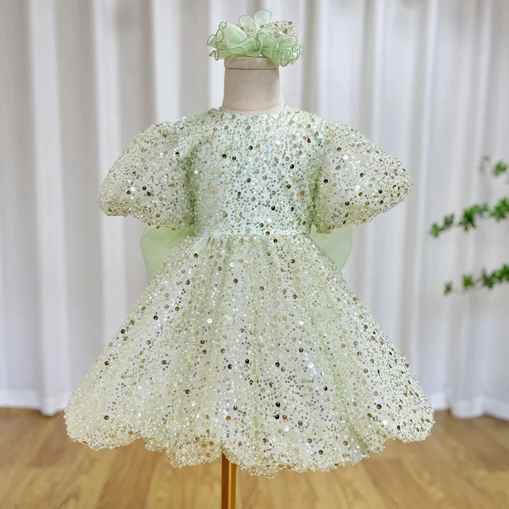 TinyTulle Dreamy Mint Green Sequin Puff Sleeve Flower Girl Dress with Oversized Bow