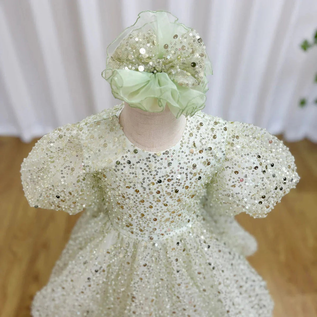 TinyTulle Dreamy Mint Green Sequin Puff Sleeve Flower Girl Dress with Oversized Bow