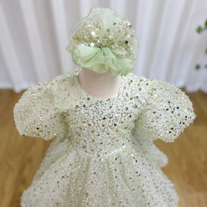 TinyTulle Dreamy Mint Green Sequin Puff Sleeve Flower Girl Dress with Oversized Bow