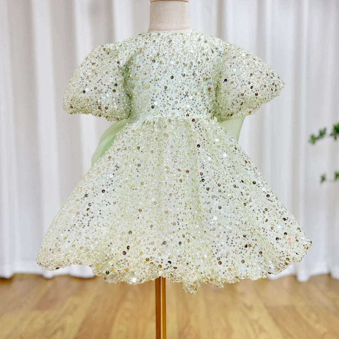 TinyTulle Dreamy Mint Green Sequin Puff Sleeve Flower Girl Dress with Oversized Bow