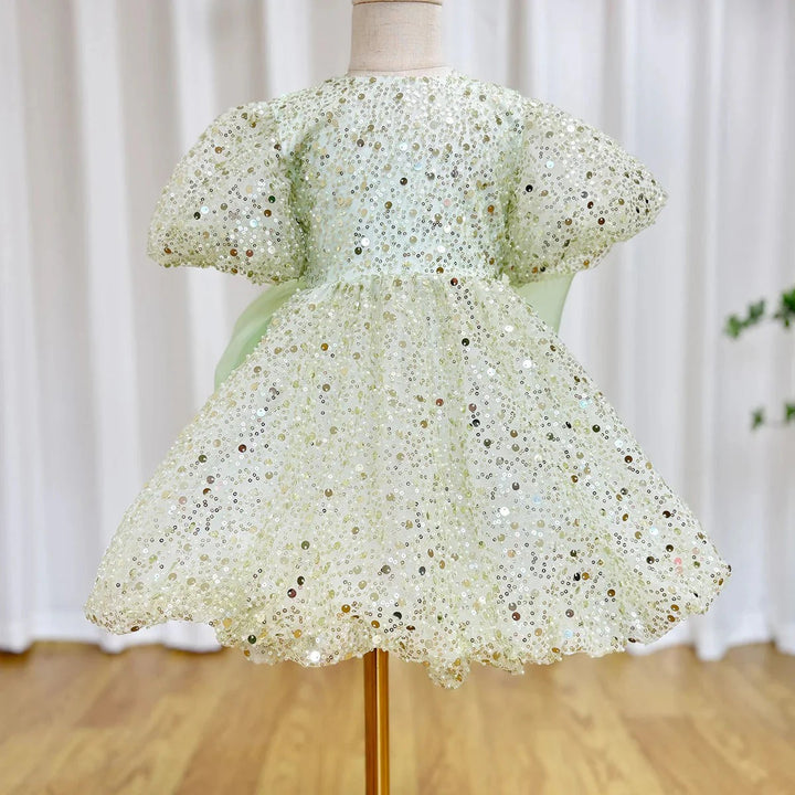 TinyTulle Dreamy Mint Green Sequin Puff Sleeve Flower Girl Dress with Oversized Bow