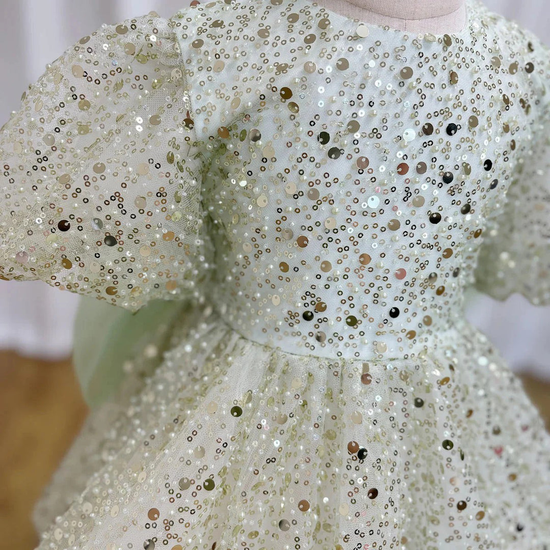 TinyTulle Dreamy Mint Green Sequin Puff Sleeve Flower Girl Dress with Oversized Bow