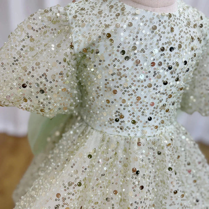 TinyTulle Dreamy Mint Green Sequin Puff Sleeve Flower Girl Dress with Oversized Bow