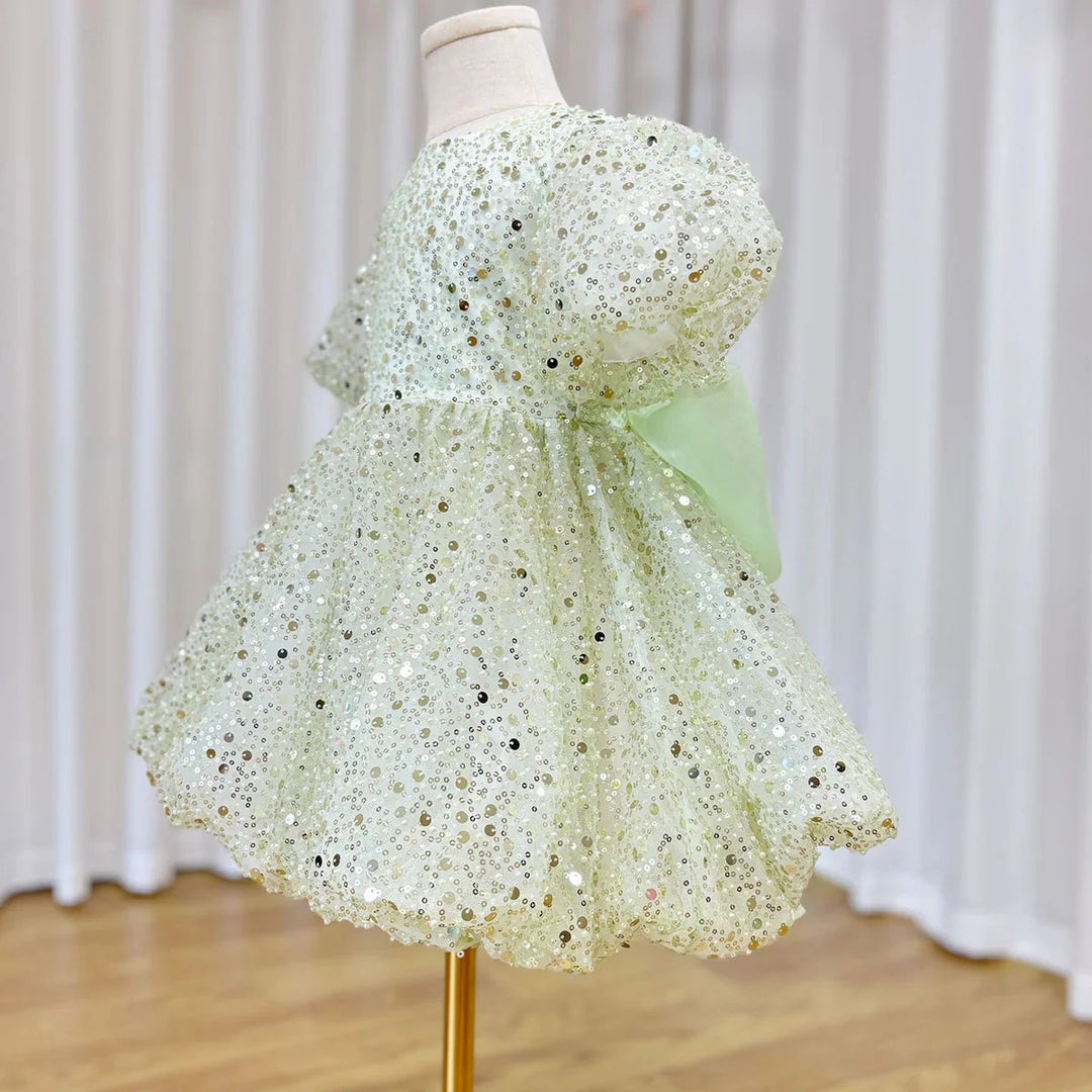 TinyTulle Dreamy Mint Green Sequin Puff Sleeve Flower Girl Dress with Oversized Bow