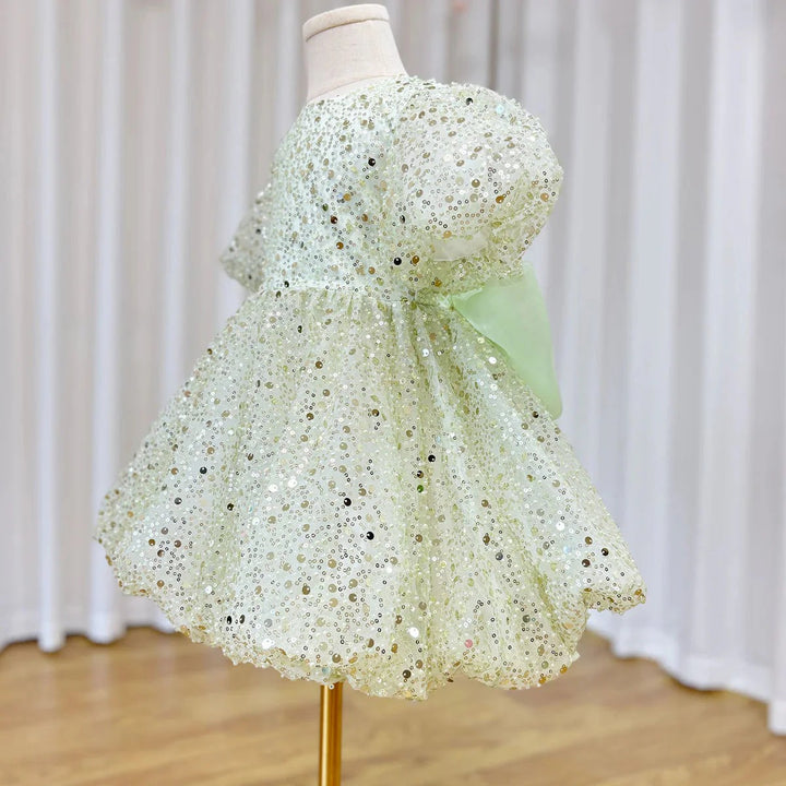 TinyTulle Dreamy Mint Green Sequin Puff Sleeve Flower Girl Dress with Oversized Bow