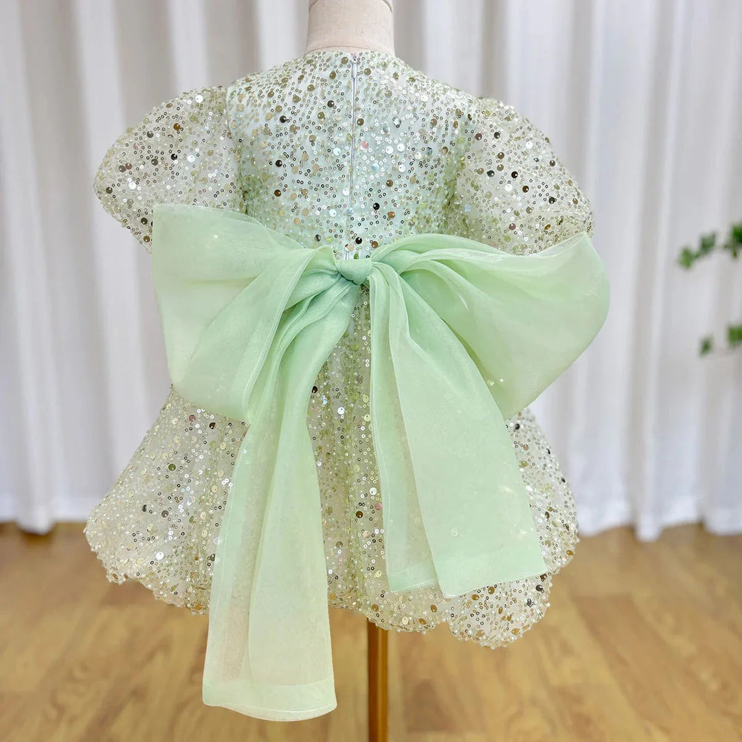 TinyTulle Dreamy Mint Green Sequin Puff Sleeve Flower Girl Dress with Oversized Bow