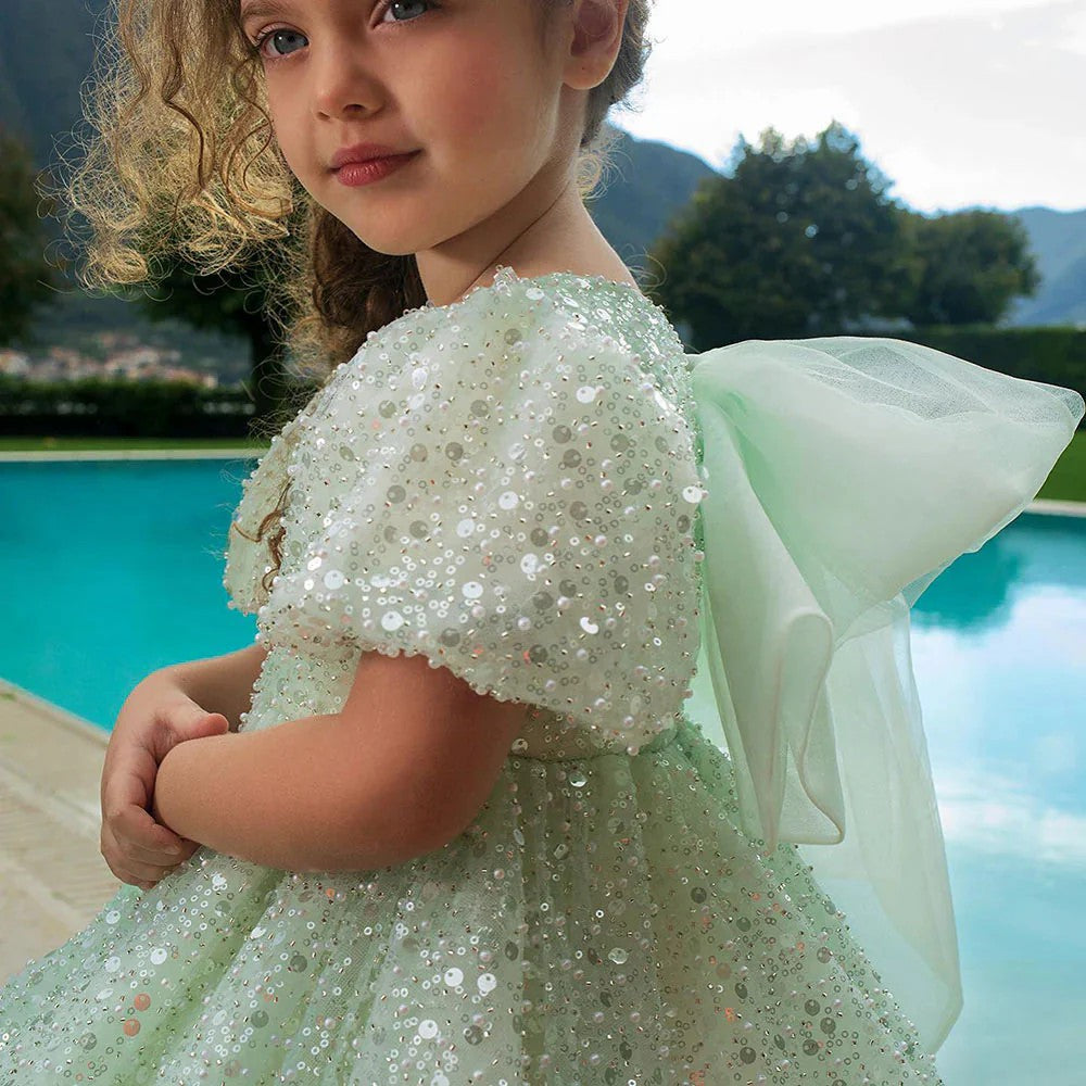 TinyTulle Dreamy Mint Green Sequin Puff Sleeve Flower Girl Dress with Oversized Bow