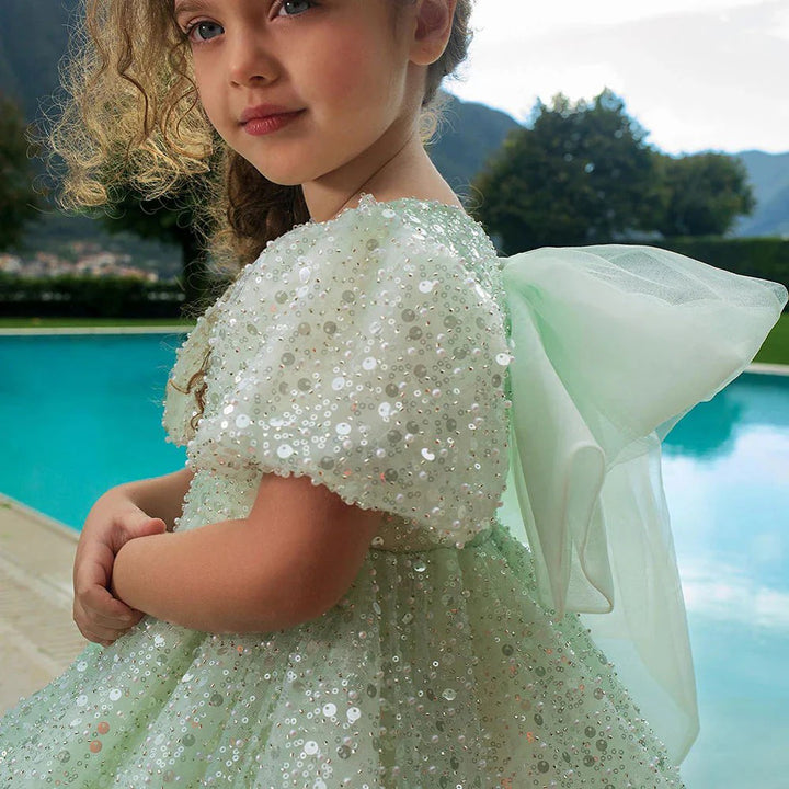 TinyTulle Dreamy Mint Green Sequin Puff Sleeve Flower Girl Dress with Oversized Bow