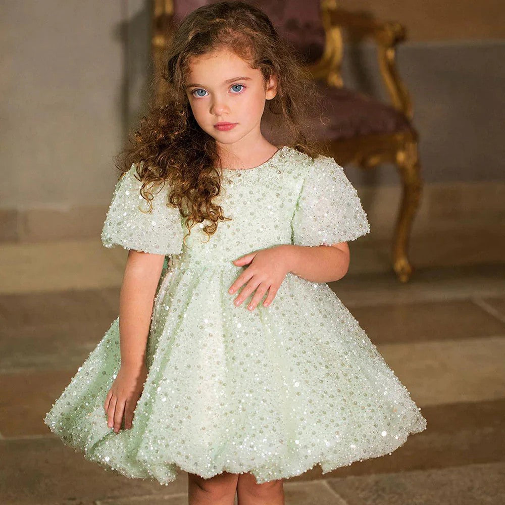 TinyTulle Dreamy Mint Green Sequin Puff Sleeve Flower Girl Dress with Oversized Bow