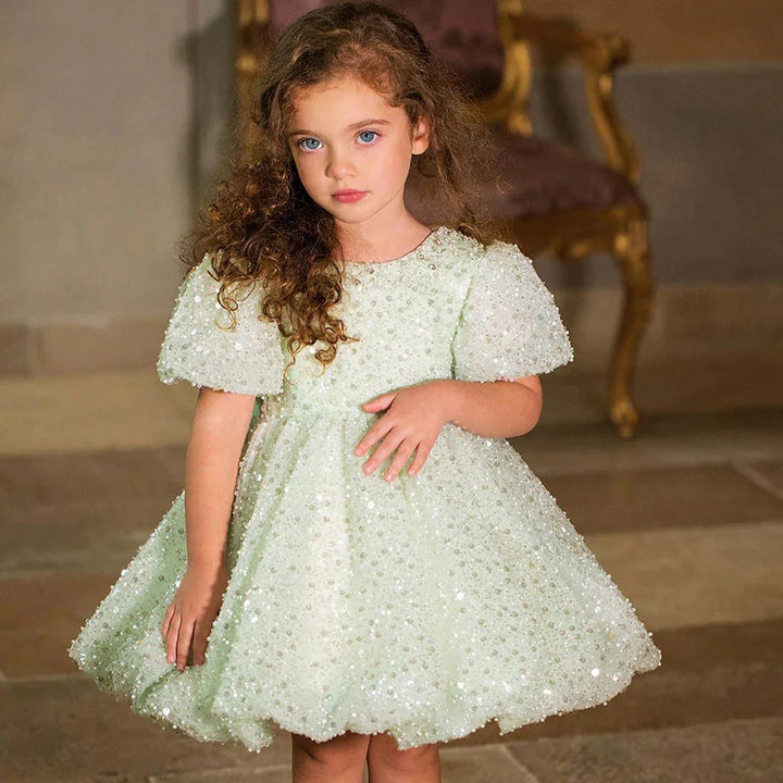 TinyTulle Dreamy Mint Green Sequin Puff Sleeve Flower Girl Dress with Oversized Bow