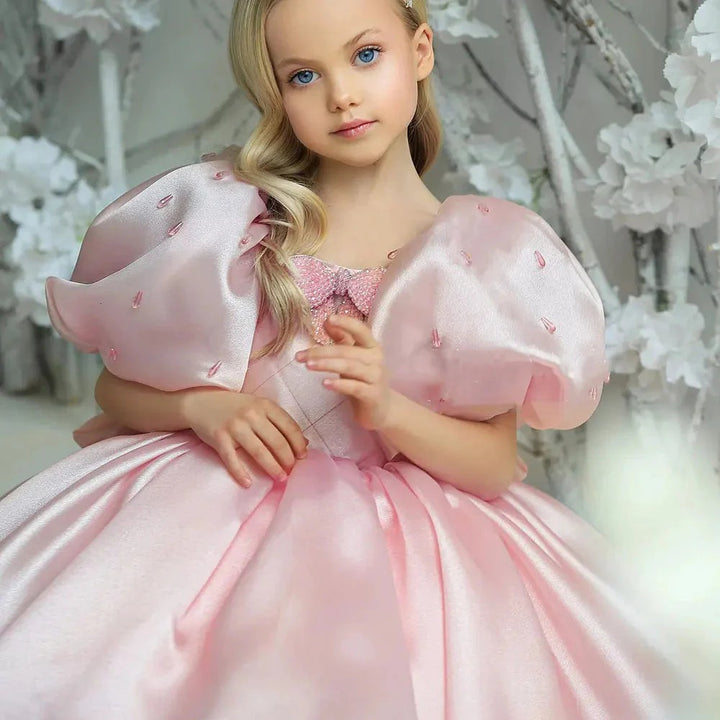 TinyTulle Pink Puff Sleeve Princess Flower Girl Dress with Bow Detail