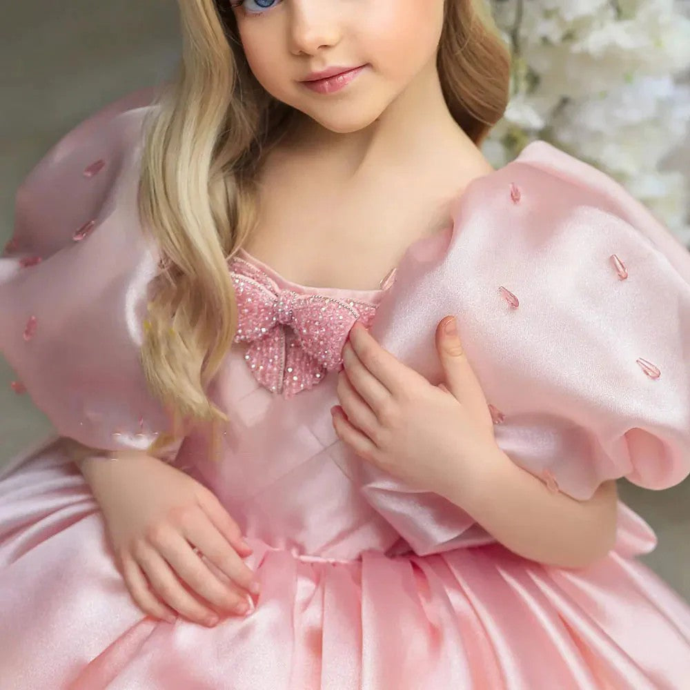TinyTulle Pink Puff Sleeve Princess Flower Girl Dress with Bow Detail
