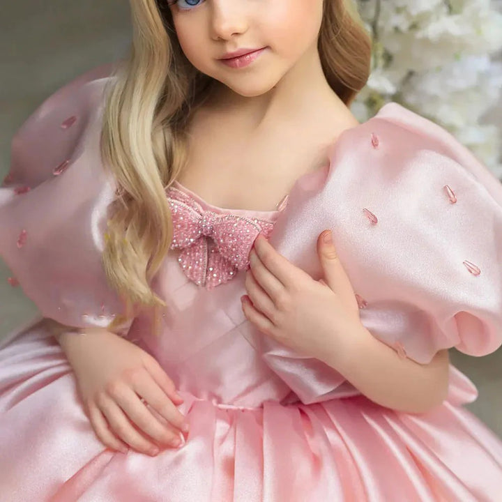 TinyTulle Pink Puff Sleeve Princess Flower Girl Dress with Bow Detail